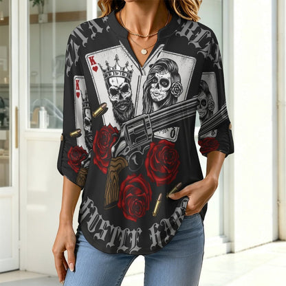 Versatile Notched V-Neck Tunic | Roll Tab 3/4 Sleeve Office Casual Top  Halloween, Poker, Skeletons