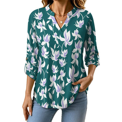 Flower Pattern Repeat Women's Notched V Neck Tunic Tops, Roll Up 3/4 Sleeve Button Cuff Casual Blouse, Hem Loose Work Shirts