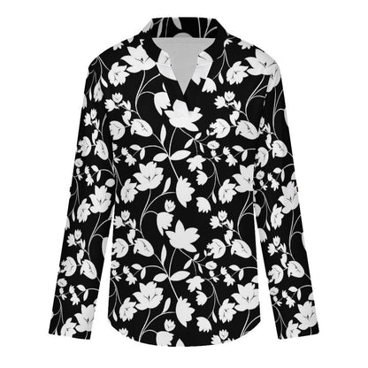 Flower  Versatile Notched V-Neck Tunic | Roll Tab 3/4 Sleeve Office Casual Top
