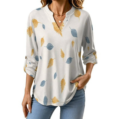 Versatile Notched V-Neck Tunic | Roll Tab 3/4 Sleeve Office Casual Top  Yellow, Blue, Maple Leaf