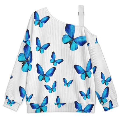 Women’s Off-Shoulder Knit Sweater Blue Butterfly in My Dream