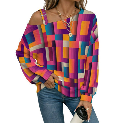 Women’s Off-Shoulder Knit Sweater Colored Checkered Pattern