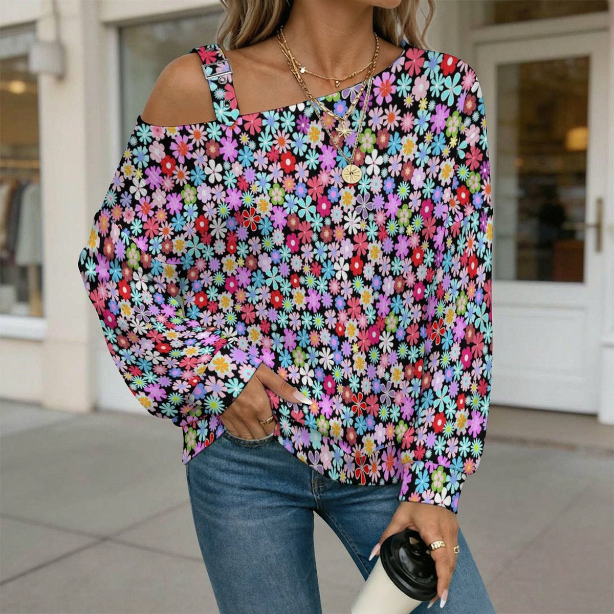Floral Pattern Women’s Off-Shoulder Knit Sweater