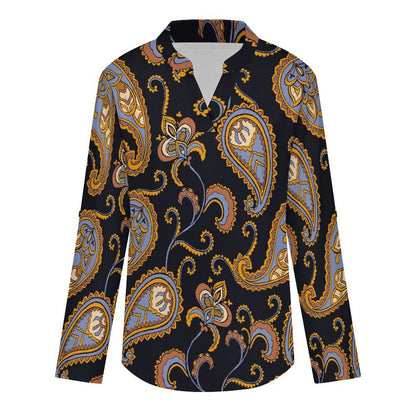 Paisley Women's Notched V Neck Tunic Tops, Roll Up 3/4 Sleeve Button Cuff Casual Blouse, Hem Loose Work Shirts