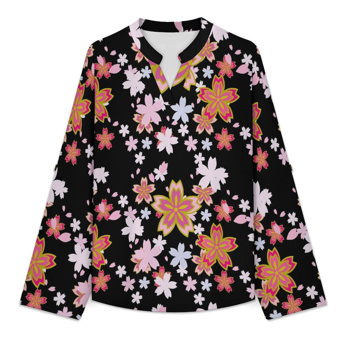 Black, Pink Cherry Blossoms Roll Tab 3/4 Sleeve Notched V Neck Tunic Blouse