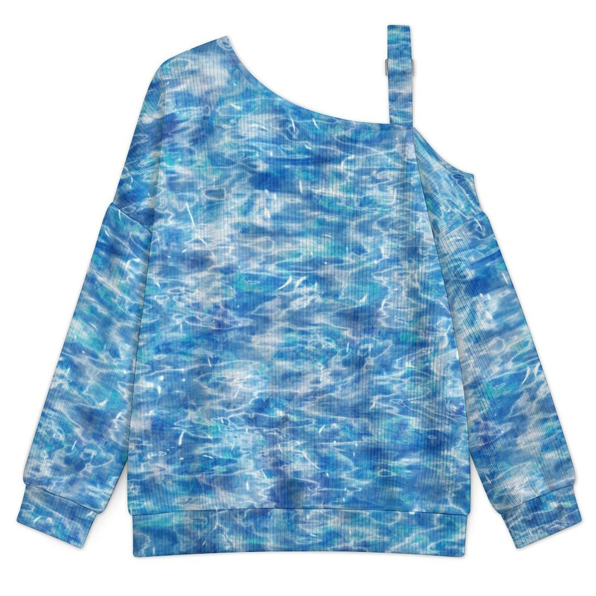 Fall Casual Asymmetric Shoulder Knit Top with Buckle Detail Blue Water Wave Pattern