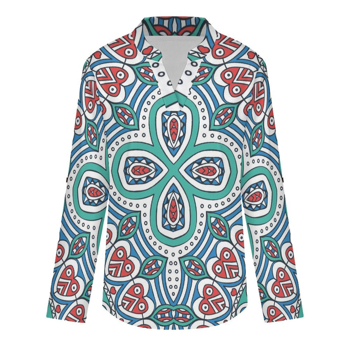 Chinese Style Repeating Pattern  Versatile Notched V-Neck Tunic | Roll Tab 3/4 Sleeve Office Casual Top