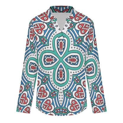 Chinese Style Repeating Pattern  Versatile Notched V-Neck Tunic | Roll Tab 3/4 Sleeve Office Casual Top