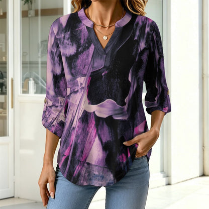 Purple, Black Pattern  Women Curved Hem V Neck Roll Sleeve Casual Work Top