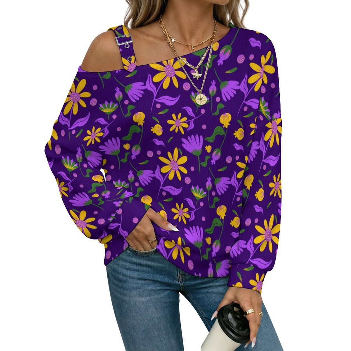 Women’s Off-Shoulder Knit Sweater Flower Pattern Repeat
