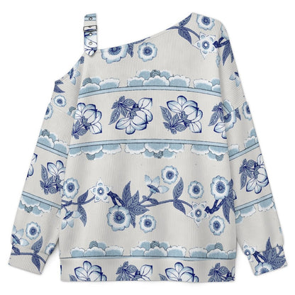 Off-the-shoulder SweaterChinese Style, Blue And White Porcelain Women’s Off-Shoulder Knit Sweater