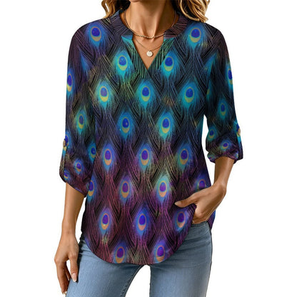 Peacock Feather Roll Tab 3/4 Sleeve Notched V Neck Tunic Blouse