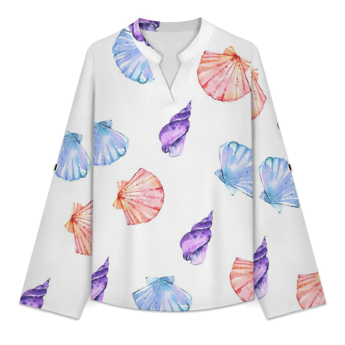 Stand-up Collar Long-sleeved Shirt Shell-blue-full Print-T-shirt-phone Case white S Women’s V-Neck Blouses