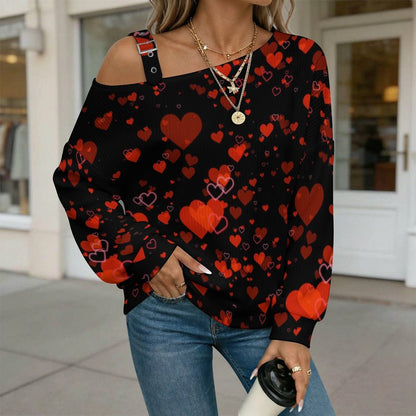 Buckle Strap Asymmetrical Off Shoulder Knit Sweater Red Heart Black Background Love