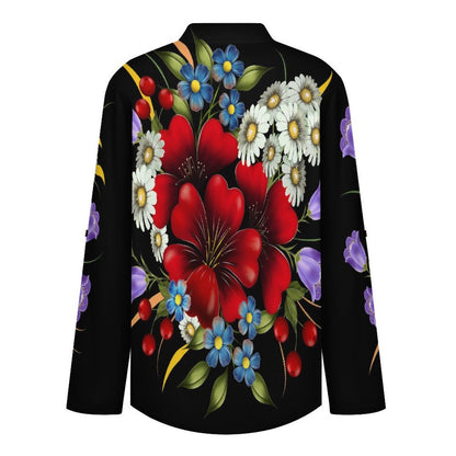 Stand-up Collar Long-sleeved Shirt Colorful Bouquet white S Women’s V-Neck Blouses