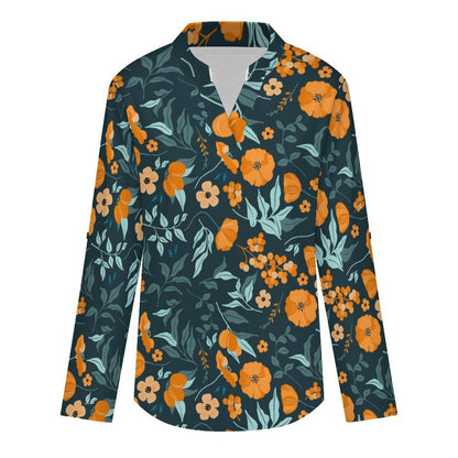 Versatile Notched V-Neck Tunic | Roll Tab 3/4 Sleeve Office Casual Top  Orange Blossom Repeat Pattern Dress for Women