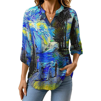 Blue Ink Painting, Town  Versatile Notched V-Neck Tunic | Roll Tab 3/4 Sleeve Office Casual Top