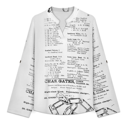 Stand-up Collar Long-sleeved Shirt Newspaper Vintage Dress white S Women’s V-Neck Blouses