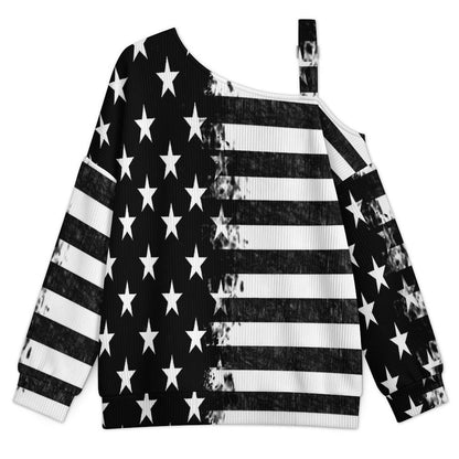 Buckle Strap Asymmetrical Off Shoulder Knit Sweater American Flag Black