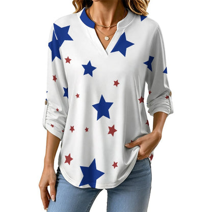 Stars Repeat Pattern Red And Blue  Versatile Notched V-Neck Tunic | Roll Tab 3/4 Sleeve Office Casual Top