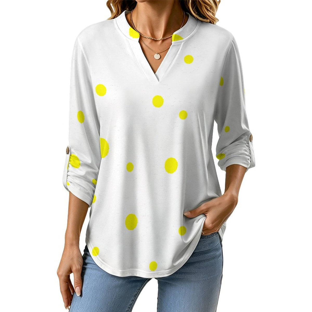 Flower-yellow-full Print-T-shirt-phone Case Roll Tab 3/4 Sleeve Notched V Neck Tunic Blouse