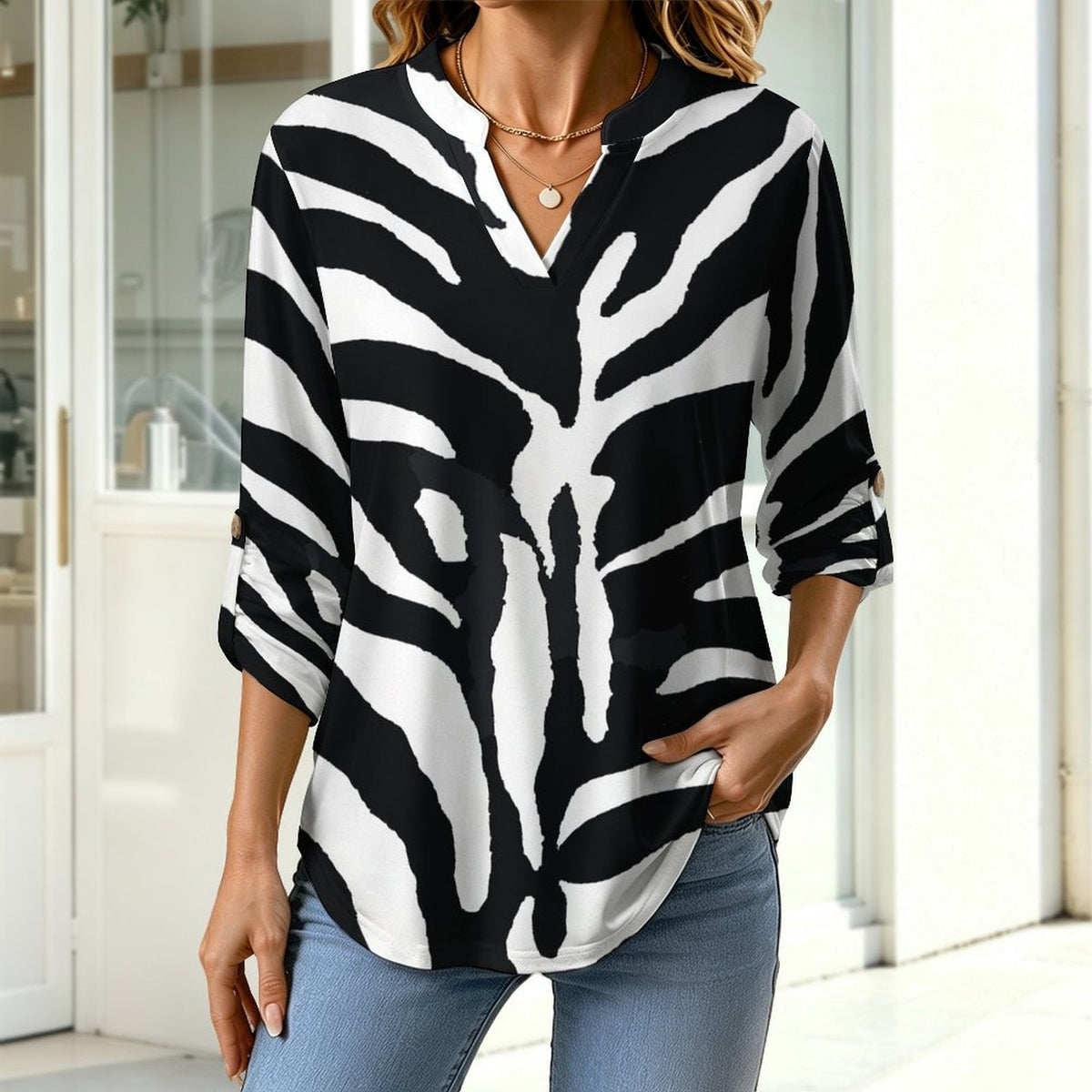 Black And White Zebra Print Roll Tab 3/4 Sleeve Notched V Neck Tunic Blouse