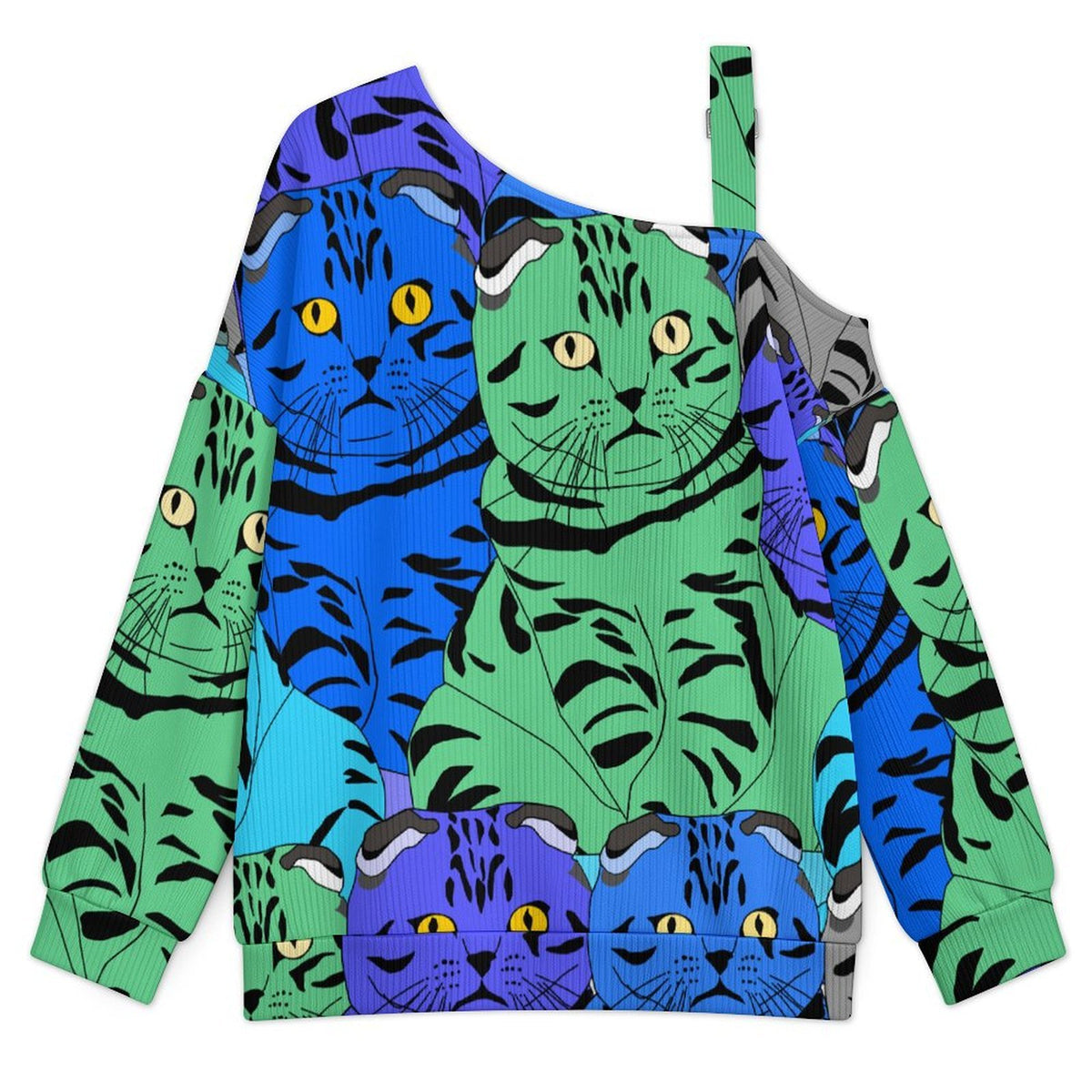 Off-the-shoulder SweaterColorful Cat, Stacked Pattern Women’s Off-Shoulder Knit Sweater