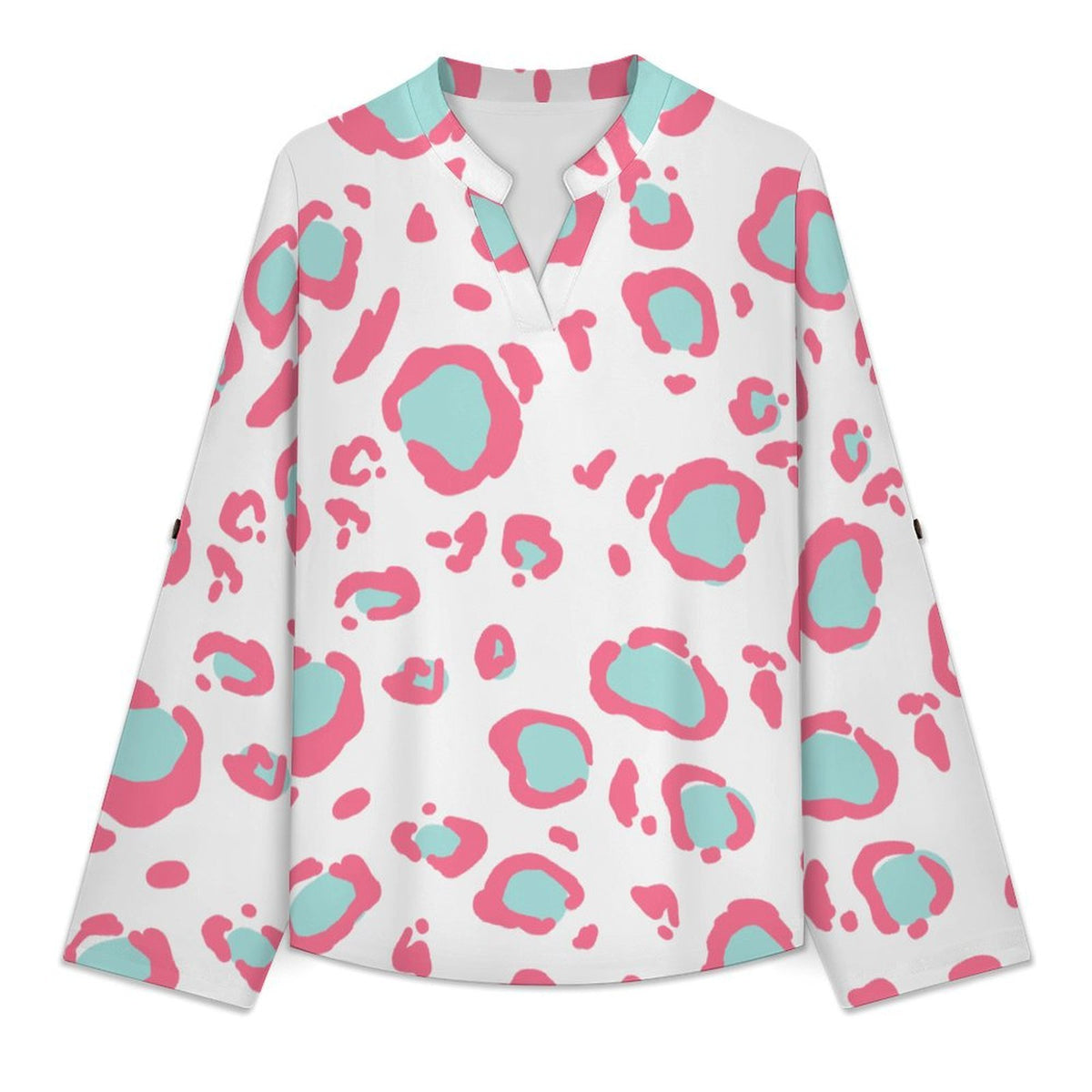 Women's Notched V Neck Tunic Tops, Roll Up 3/4 Sleeve Button Cuff Casual Blouse, Hem Loose Work Shirts  Pink Leopard Print