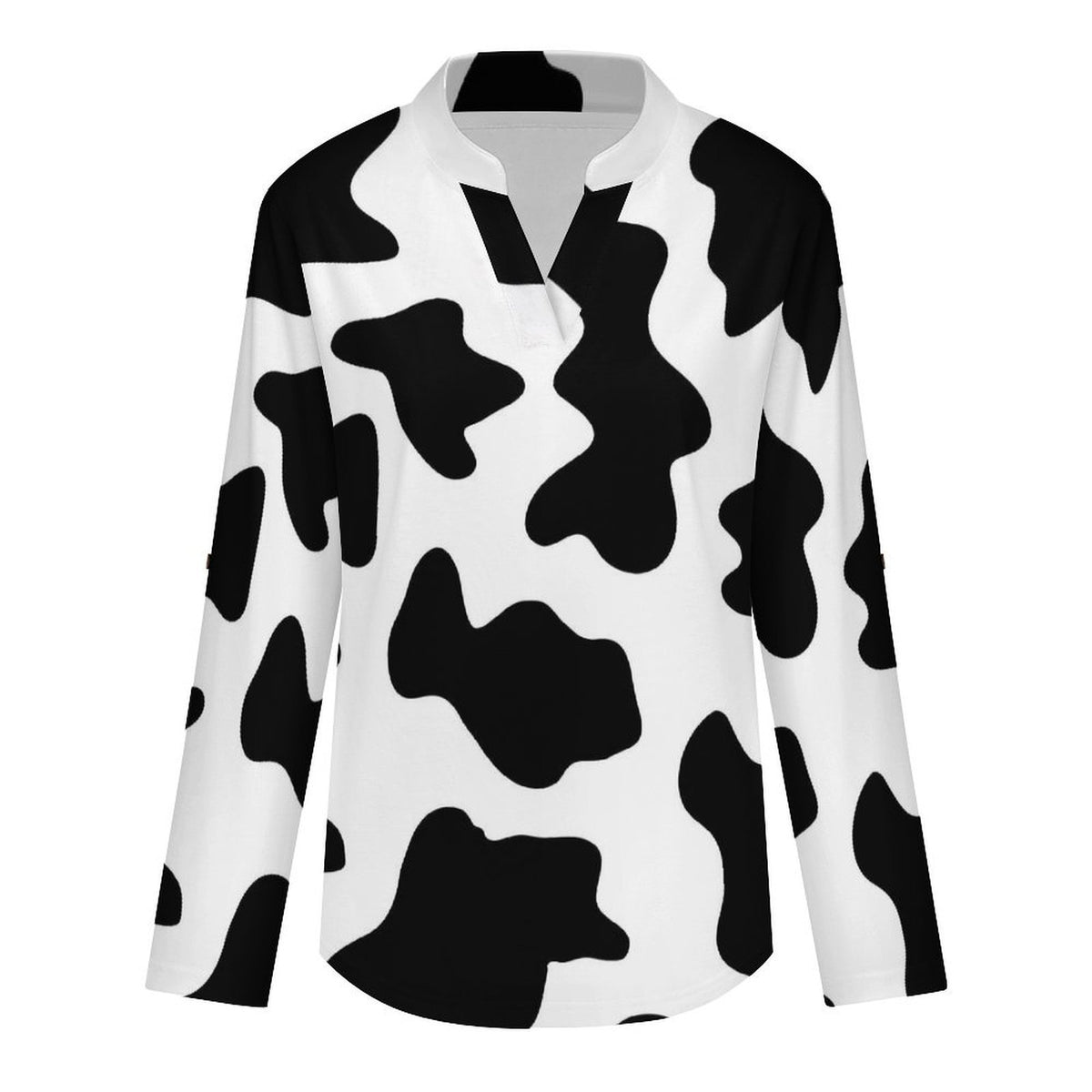 Versatile Notched V-Neck Tunic | Roll Tab 3/4 Sleeve Office Casual Top  Black And White, Cow Pattern