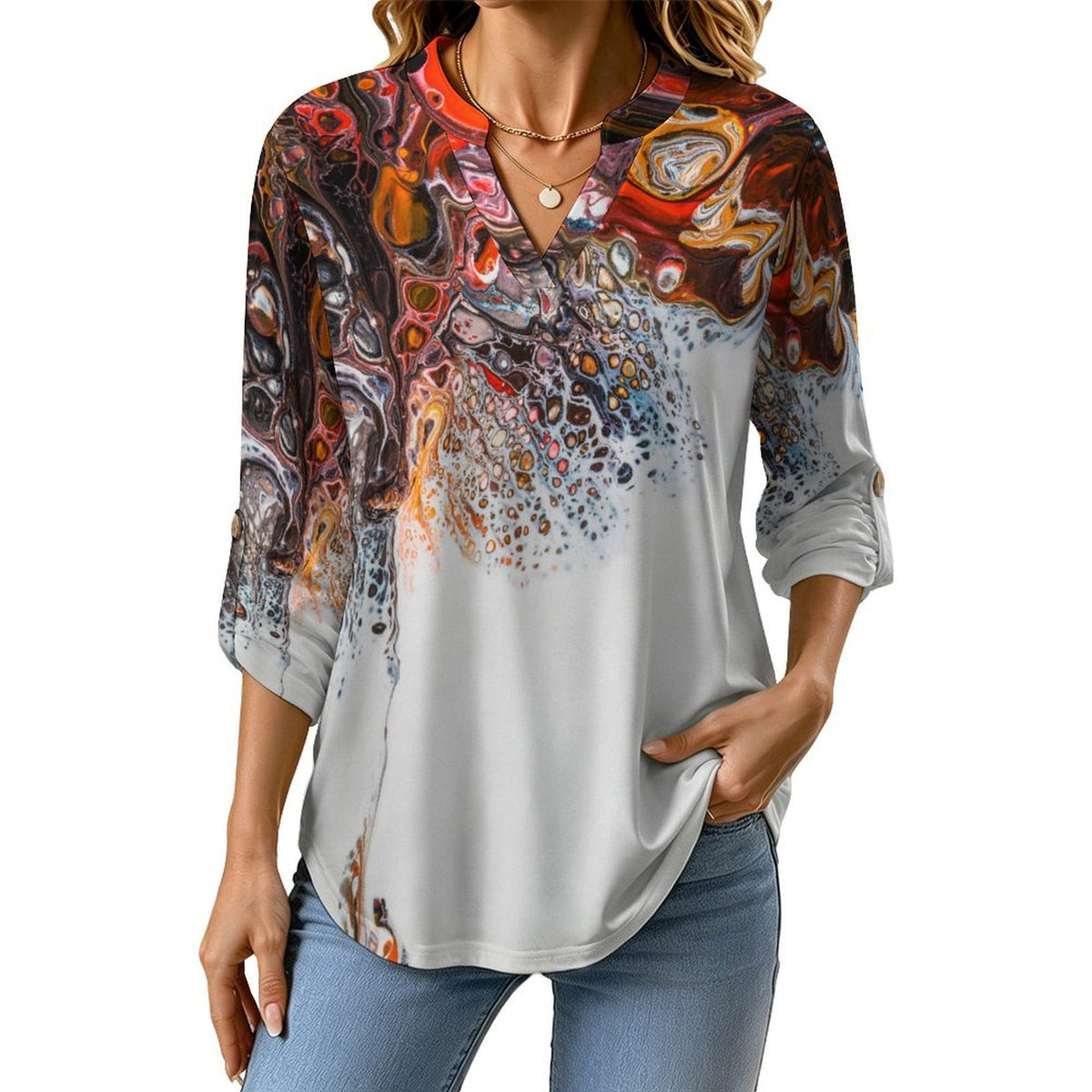 Versatile Notched V-Neck Tunic | Roll Tab 3/4 Sleeve Office Casual Top  Vintage Watercolor Pattern