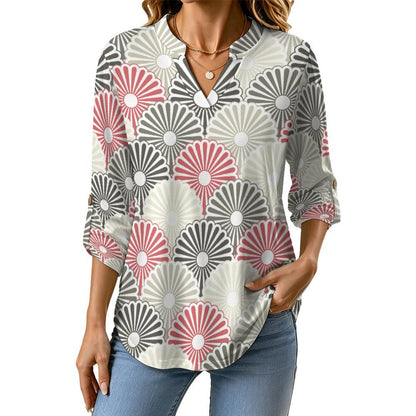 Repetitive Pattern  Versatile Notched V-Neck Tunic | Roll Tab 3/4 Sleeve Office Casual Top