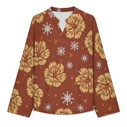 Orange Background, Flowers  Versatile Notched V-Neck Tunic | Roll Tab 3/4 Sleeve Office Casual Top