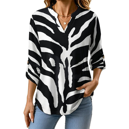 Black And White Zebra Print Roll Tab 3/4 Sleeve Notched V Neck Tunic Blouse