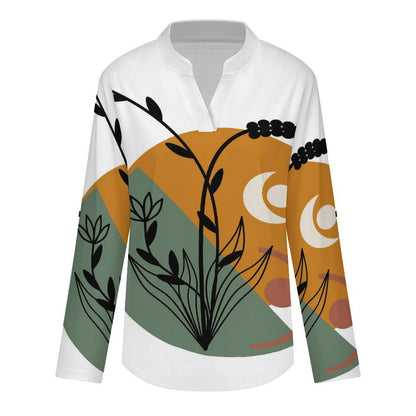 Chinese Wind Scenery  Versatile Notched V-Neck Tunic | Roll Tab 3/4 Sleeve Office Casual Top