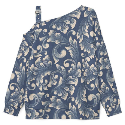 Women’s Off-Shoulder Knit Sweater Blue Retro Pattern
