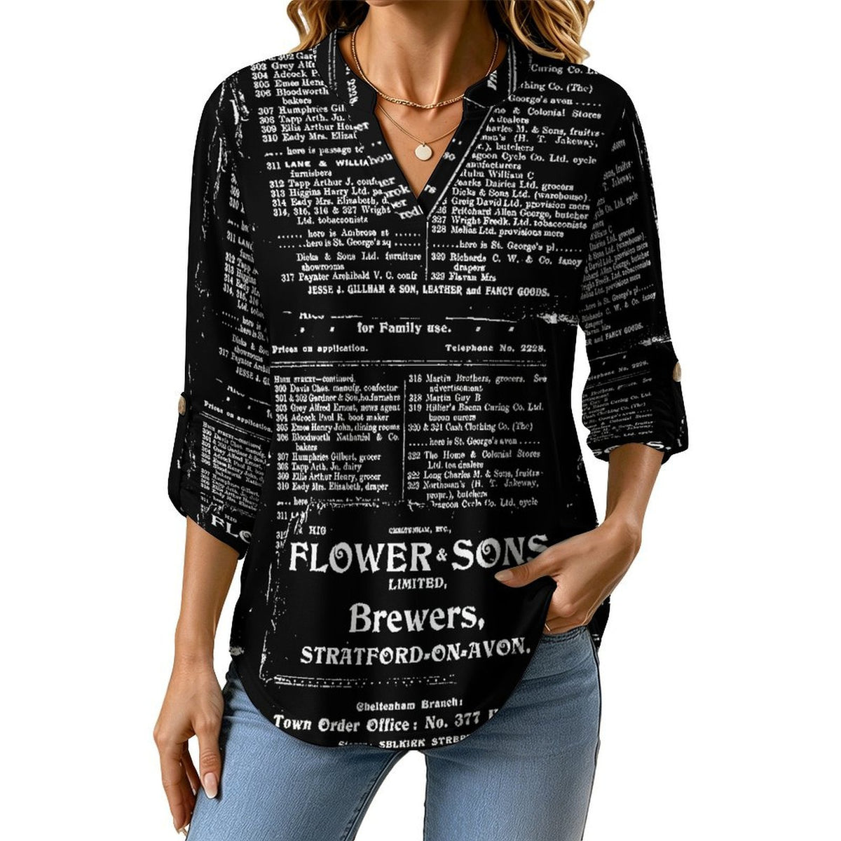 Stand-up Collar Long-sleeved Shirt Newspaper Vintage Dress white S Women’s V-Neck Blouses