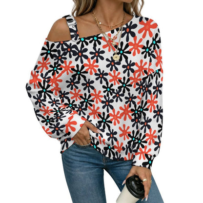 Fall Casual Asymmetric Shoulder Knit Top with Buckle Detail Floral, Repeating Pattern