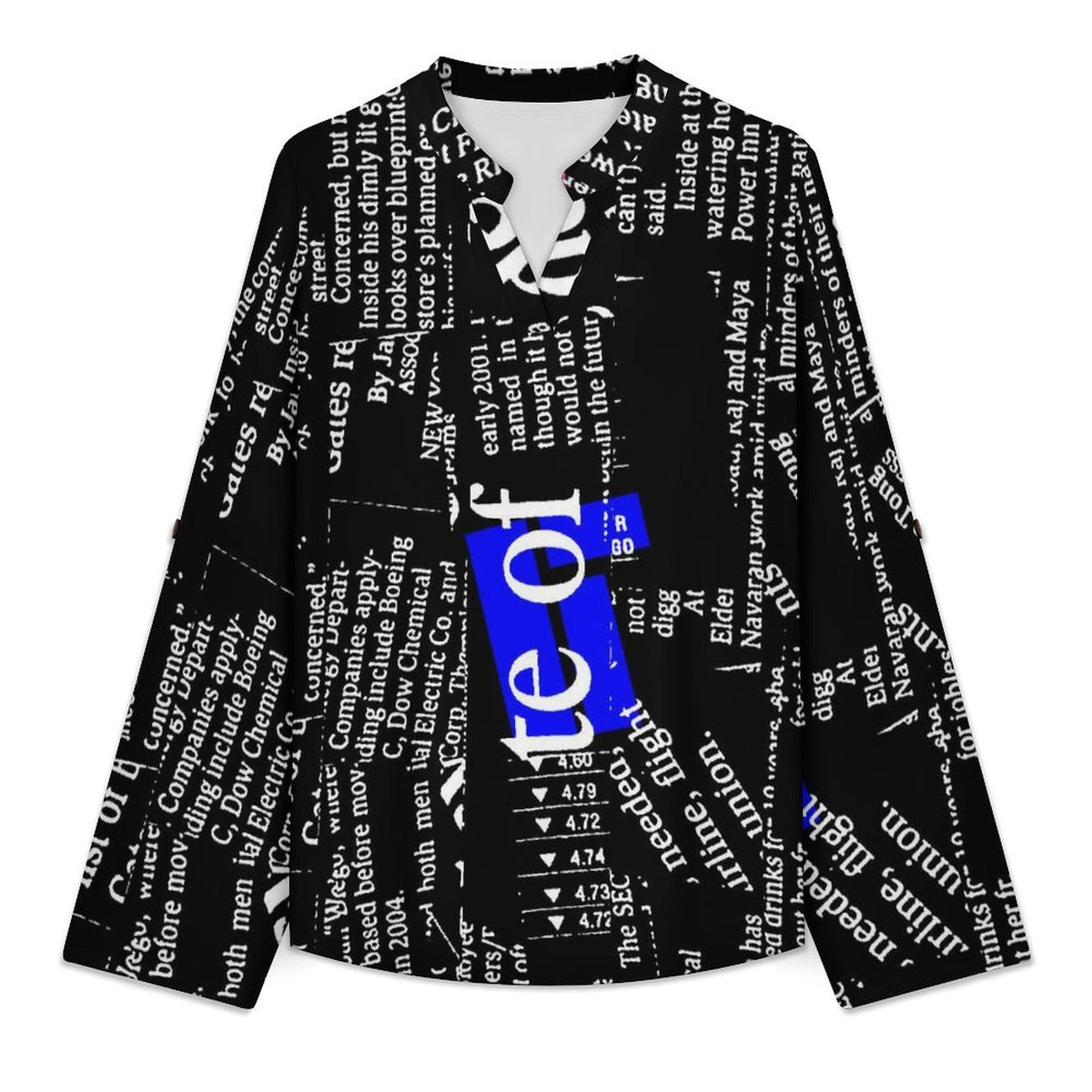 Stand-up Collar Long-sleeved Shirt Newspaper Dress white S Women’s V-Neck Blouses