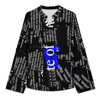 Stand-up Collar Long-sleeved Shirt Newspaper Dress white S Women’s V-Neck Blouses
