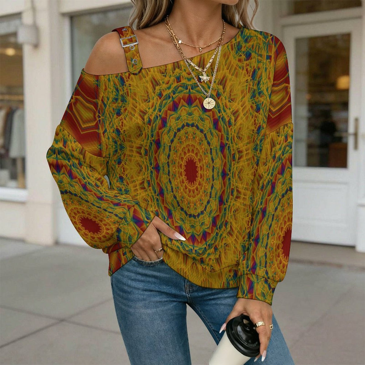 Retro Pattern, Background Fall Casual Asymmetric Shoulder Knit Top with Buckle Detail