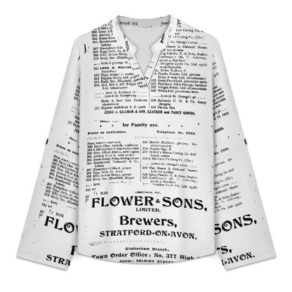Stand-up Collar Long-sleeved Shirt Newspaper Vintage Dress white S Women’s V-Neck Blouses