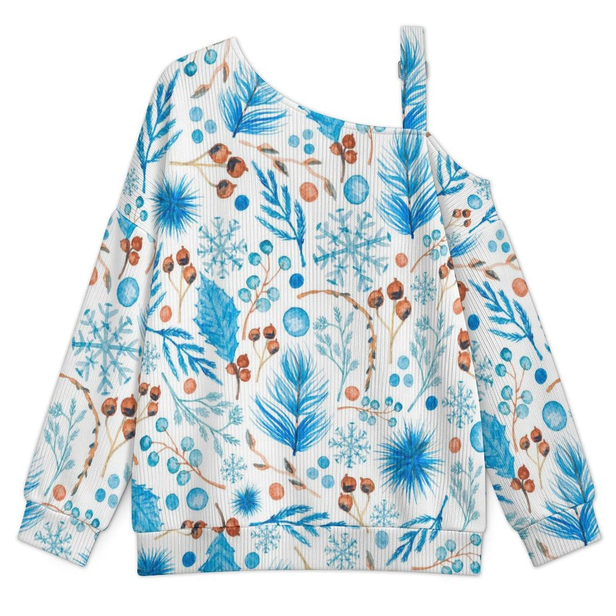 Buckle Strap Asymmetrical Off Shoulder Knit Sweater Blue Leaves And Fruits