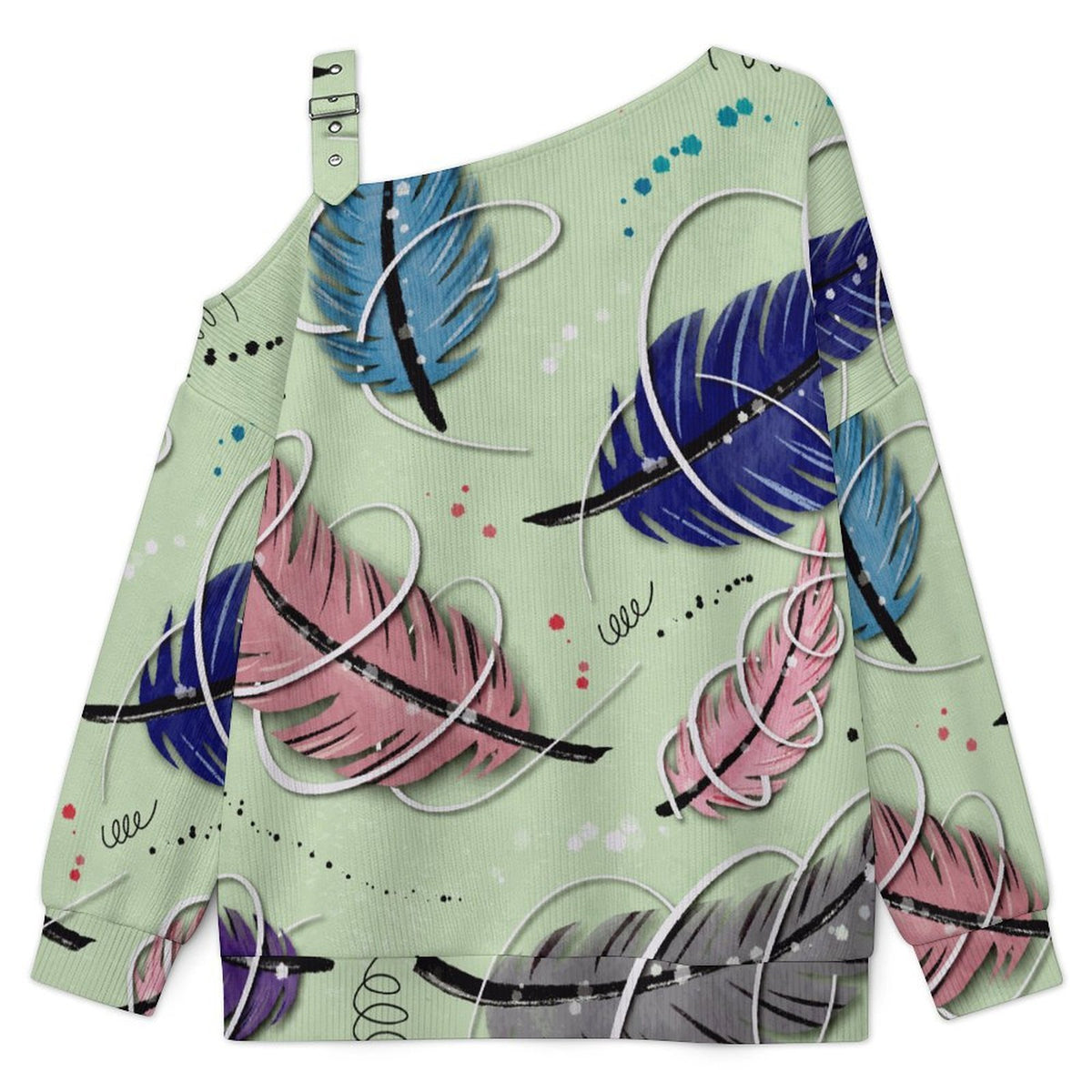 Women’s Off-Shoulder Knit Sweater Colorful Feather Pattern