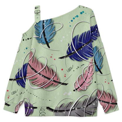 Women’s Off-Shoulder Knit Sweater Colorful Feather Pattern