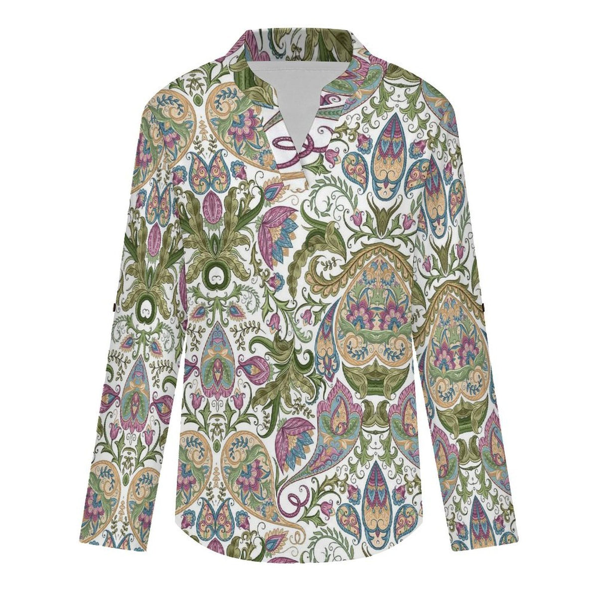 Paisley  Women Curved Hem V Neck Roll Sleeve Casual Work Top