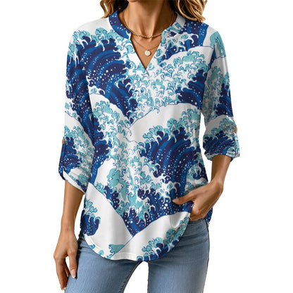 Chinese Wind, Wave  Versatile Notched V-Neck Tunic | Roll Tab 3/4 Sleeve Office Casual Top