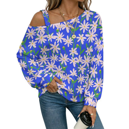 Fall Casual Asymmetric Shoulder Knit Top with Buckle Detail White Flower