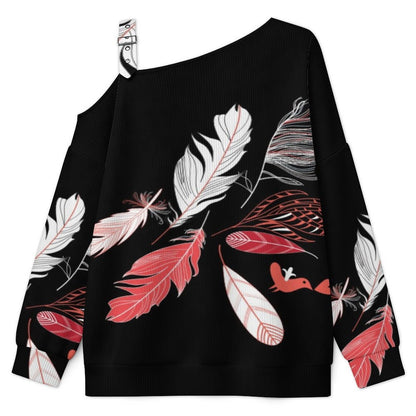 Feathers Buckle Strap Asymmetrical Off Shoulder Knit Sweater