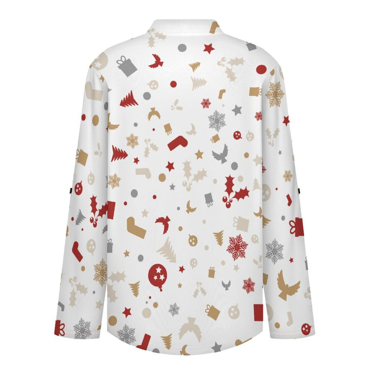 Women's Notched V Neck Tunic Tops, Roll Up 3/4 Sleeve Button Cuff Casual Blouse, Hem Loose Work Shirts  Christmas-tile-repeat-red-white-yellow-gray-snowflake-Christmas Tree