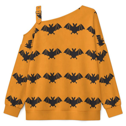 Yellow, Bat Background Fall Casual Asymmetric Shoulder Knit Top with Buckle Detail